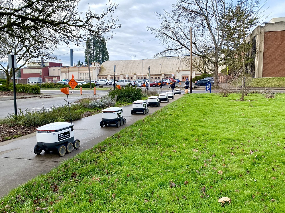 キャンパス内を移動するフードデリバリーロボットの写真
