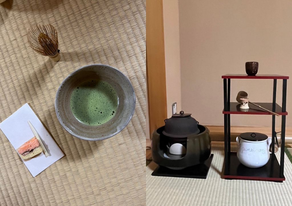 お茶とお茶菓子、茶道の道具の写真