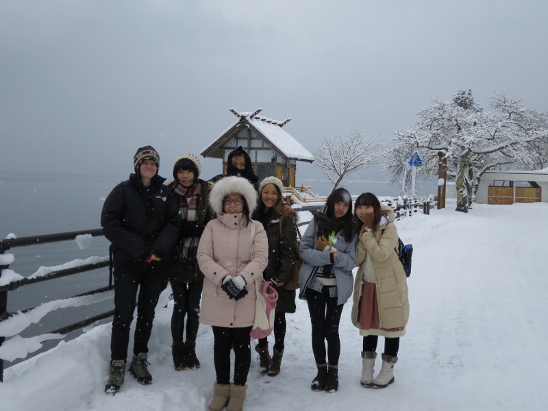 student group at Lake Tazawa in the snow