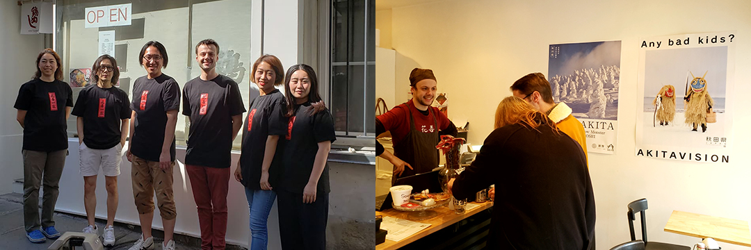（左）2019年にオープンしたパリ常設店舗の開業日の花善スタッフの写真。左から3番目が八木橋社長（右）パリ常設店舗での接客の写真