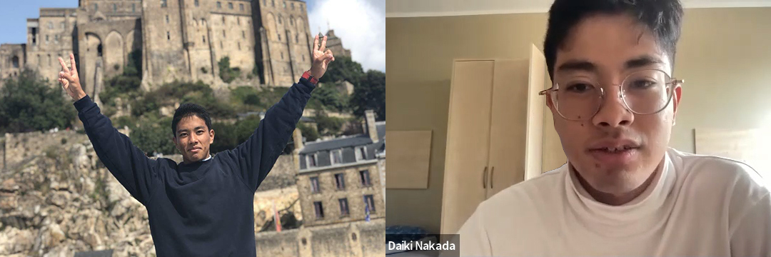 （左）仲田 大樹さん（グローバル・スタディズ領域 ／2020年度入学）。高校時代フランスに留学していた頃の写真（右）現在エストニア・タリンに留学している仲田さんはリモート取材の写真